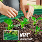 Green raised garden bed with arched trellis, hands planting seedlings in the soil