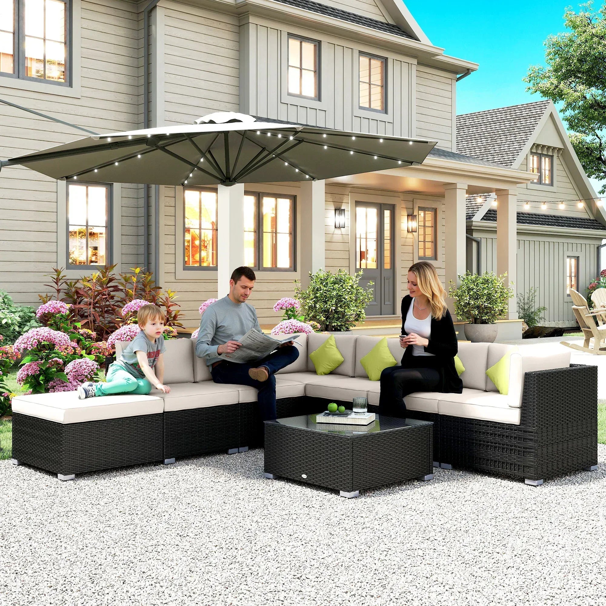 8 Piece Rattan Corner Sofa Set with Wide & Deep Seat, Assembled Aluminium PE Rattan Garden Furniture Set with Thick Cushions and Glass Top Table for Outdoor, Conservatory, Black - Bobobiy