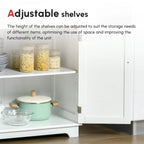 White cabinet with open doors revealing adjustable shelves and interior storage space