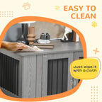 Dog crate table easy-clean graphic showing wipeable top panel and front door area