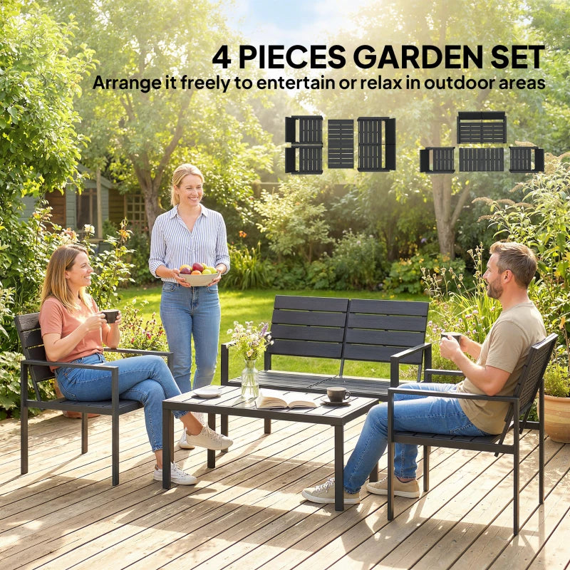 4-piece black outdoor seating set with loveseat, two armchairs, and coffee table on patio.