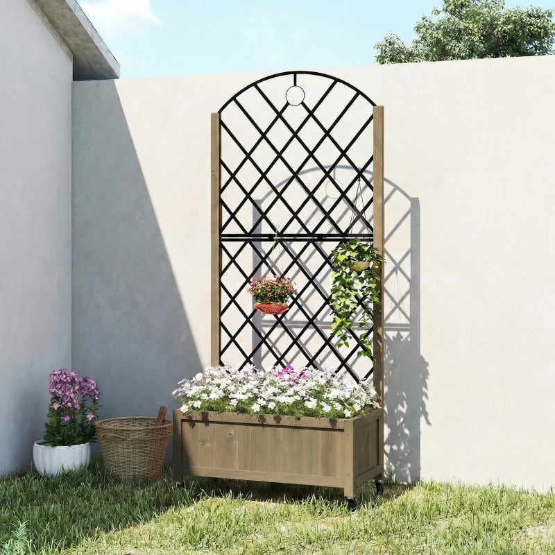 Raised planter with black metal trellis and wooden planter box, filled with flowers