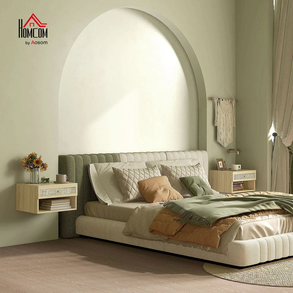 Set of Two Rattan Panel Floating Bedside Tables - Wood-Effect - Bobobiy