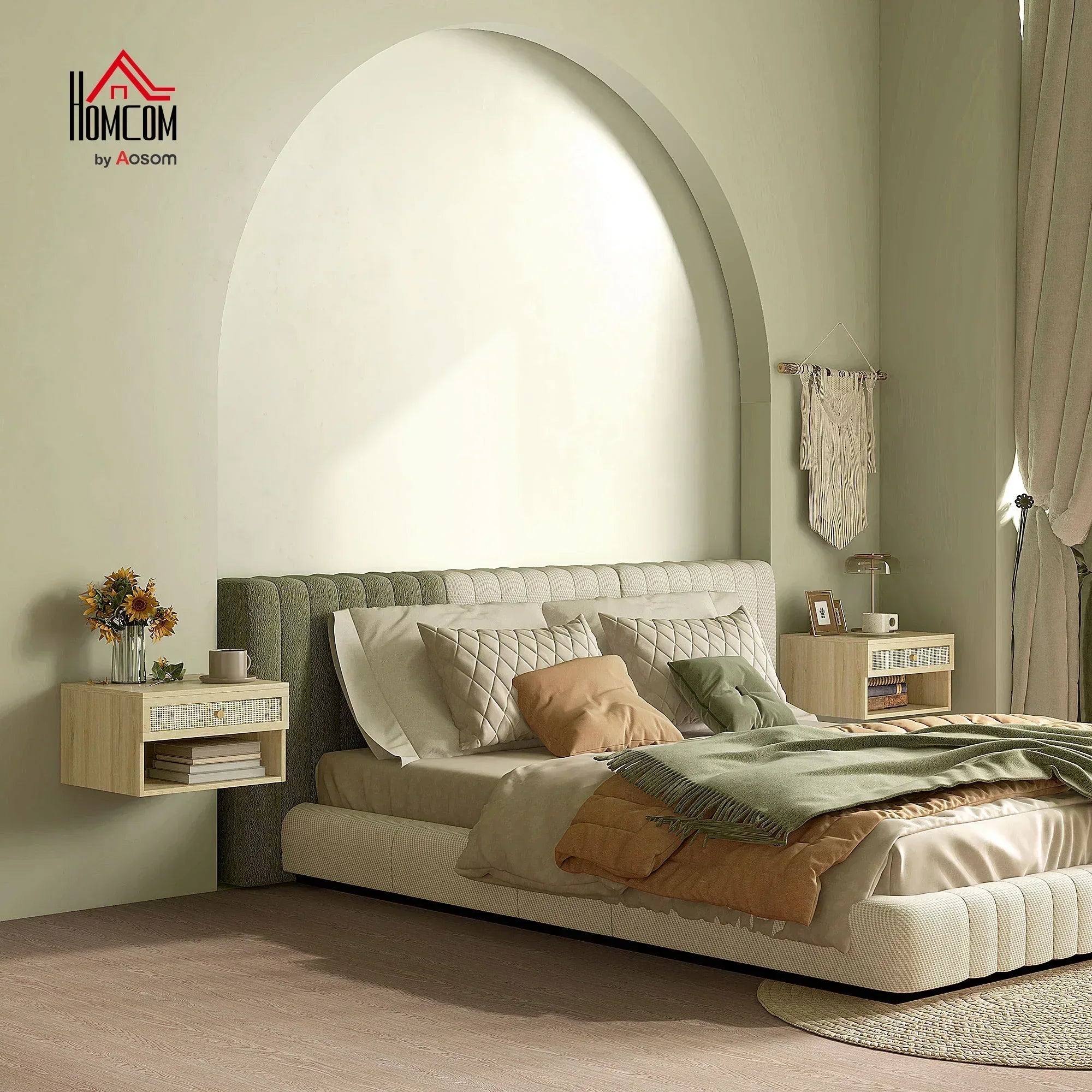 Set of Two Rattan Panel Floating Bedside Tables - Wood-Effect - Bobobiy