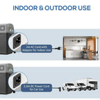 Grey portable cooler with AC and DC power input ports near control area