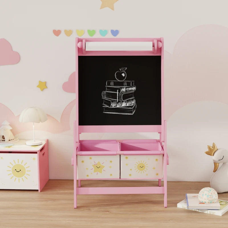 Pink kids art easel with blackboard side and two front storage drawers