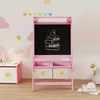 Pink kids art easel with blackboard side and two front storage drawers