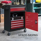 Tool storage chest on wheels with open red cabinet door and red drawer fronts