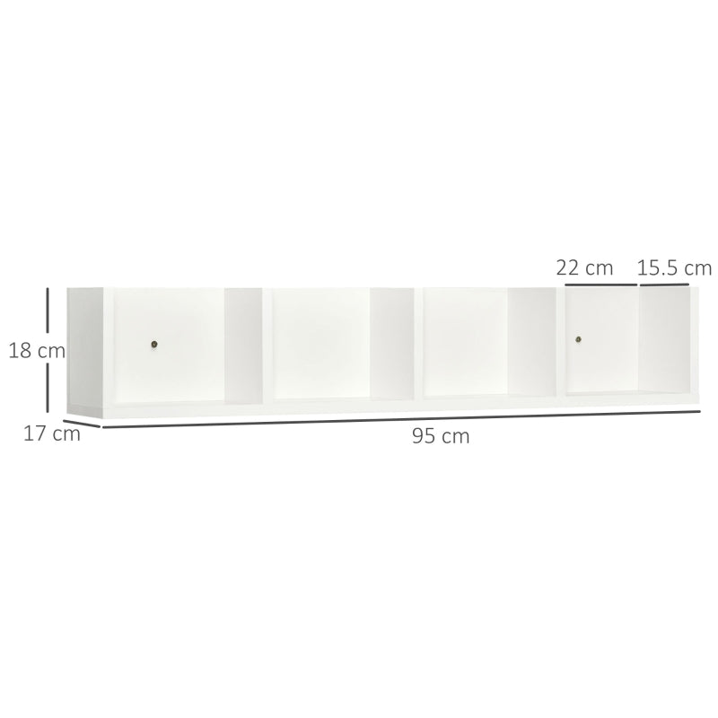 White 4-cubby wall shelf unit with mounting holes and shelf openings for media