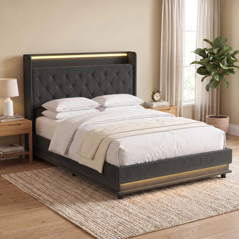 Black upholstered double bed frame with tufted headboard and warm LED trim
