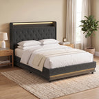 Black upholstered double bed frame with tufted headboard and warm LED trim