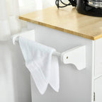 White kitchen island cart with built-in towel rack and wood countertop