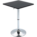 Black square counter bar table with glossy chrome pedestal base and adjustable center column.