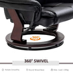 Black recliner chair with 360-degree swivel base platform and attached footstool