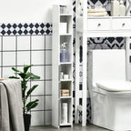White freestanding bathroom cabinet with open shelves, two drawers, and a narrow door