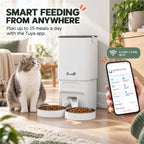 White 7L automatic cat feeder with two stainless bowls and app-control panel