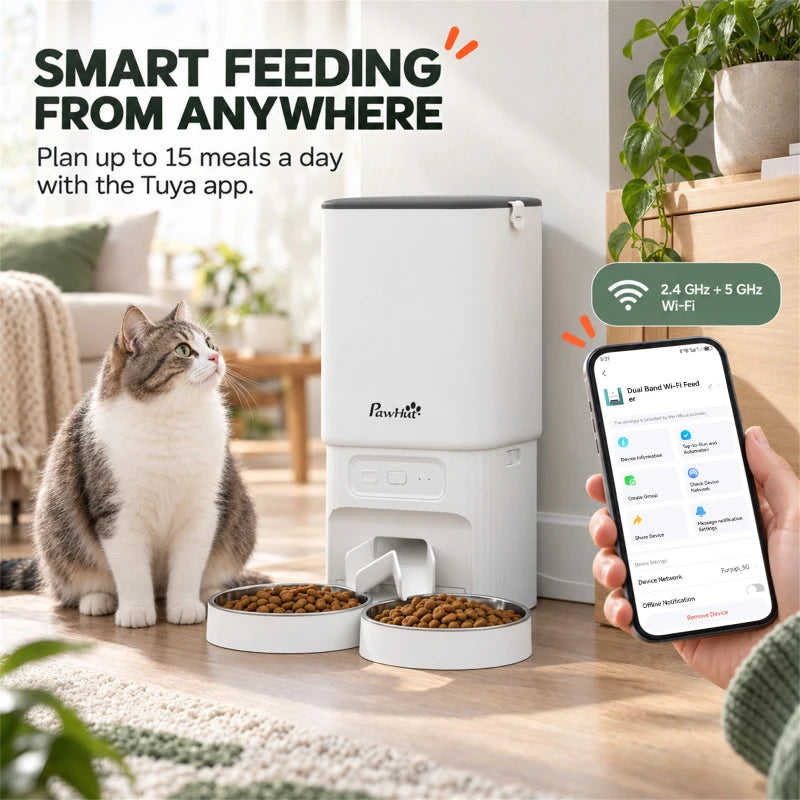White 7L automatic cat feeder with two stainless bowls and app-control panel
