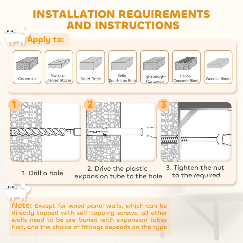 Beige wall-mounted cat furniture installation instructions with mounting illustrations
