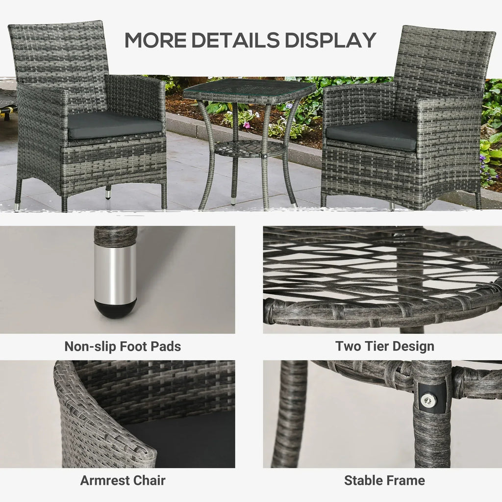 3 Pieces Rattan Bistro Set, Wicker Garden Furniture Set with 2-Tier Coffee Table and Chairs, Washable Cushions, for Outdoor Patio Balcony, Mixed Grey - Bobobiy