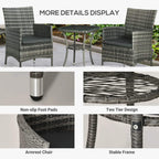 Grey rattan bistro chairs with armrests and stable frame, two-tier table