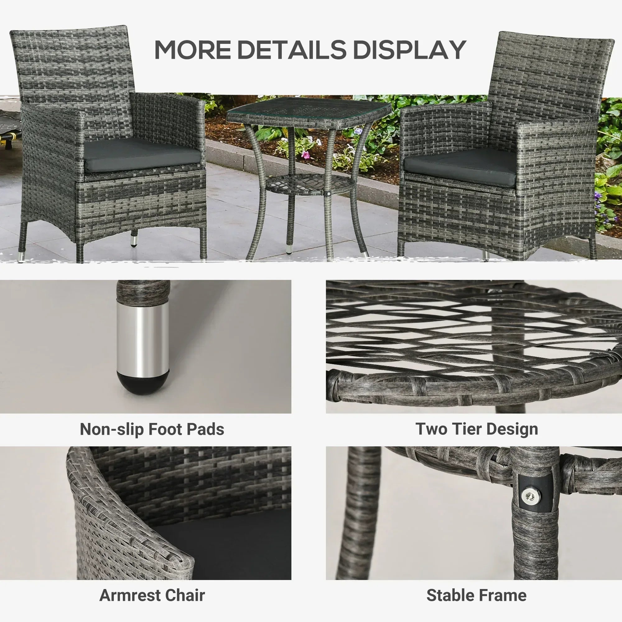 3 Pieces Rattan Bistro Set, Wicker Garden Furniture Set with 2-Tier Coffee Table and Chairs, Washable Cushions, for Outdoor Patio Balcony, Mixed Grey - Bobobiy