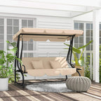 Three-person garden swing chair in light brown with two throw pillows under canopy