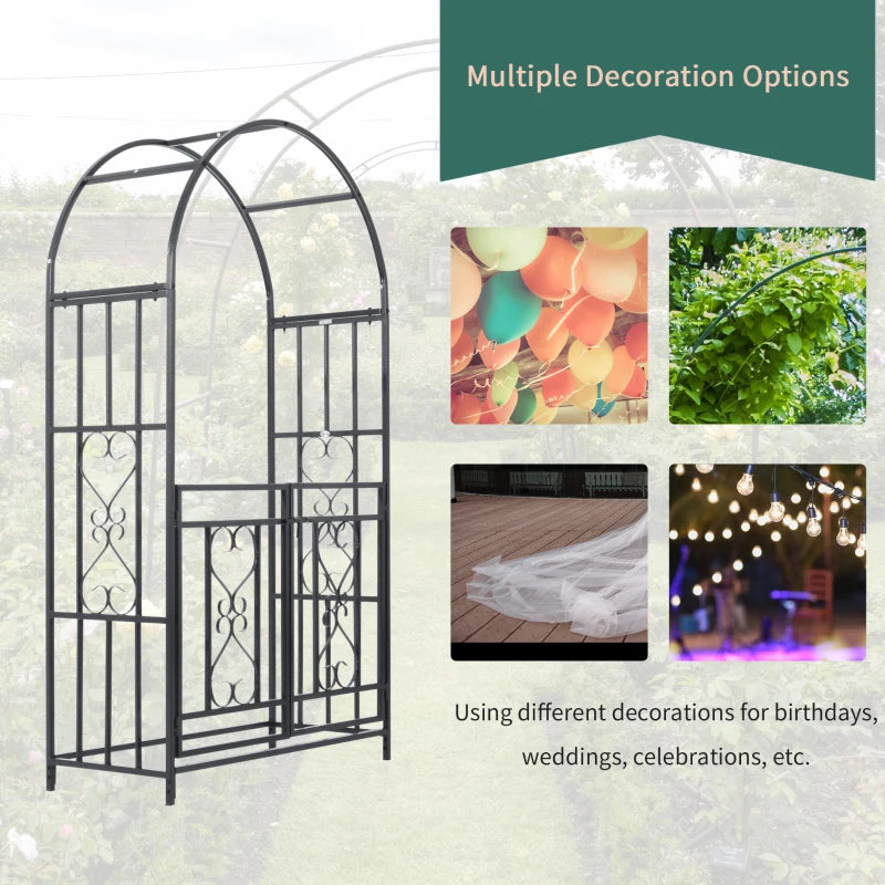 Dark grey metal double-gate garden arch with arched top and decorative scroll panels