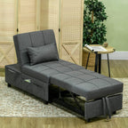Grey fabric convertible chair bed with padded seat, backrest pillow, and rolling wheels