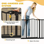 Black pet gate safety barrier with one-hand door release button and rotating lock