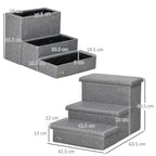 Grey 3-step pet stairs with open storage compartments and shown side measurements