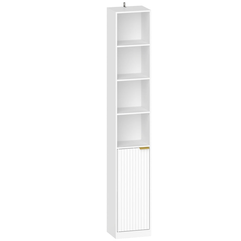 White wood-effect tall bookcase with open cubbies and ribbed bottom cabinet door