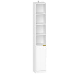White wood-effect tall bookcase with open cubbies and ribbed bottom cabinet door