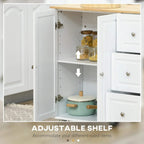 White kitchen island cart with adjustable inner shelf and open cabinet doors