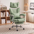 Light green office chair with quilted back padding, recline lever, and swivel base