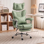 Light green office chair with quilted back padding, recline lever, and swivel base
