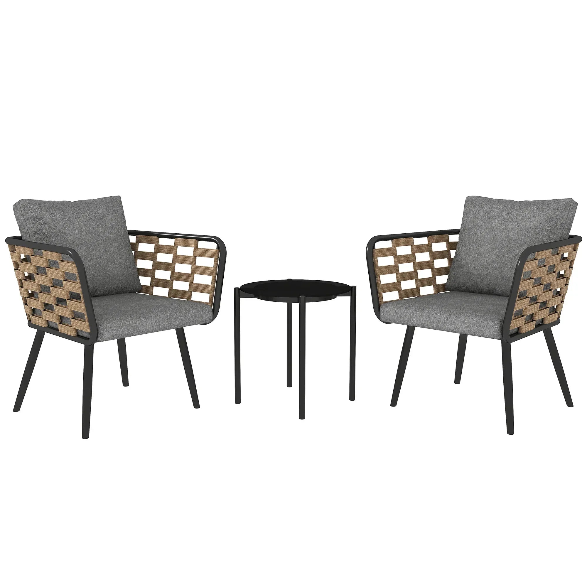 3 Pieces Rattan Bistro Set with Washable Seat and Back Cushions, Glass Top Coffee Table, for Outdoor, Patio, Black - Bobobiy