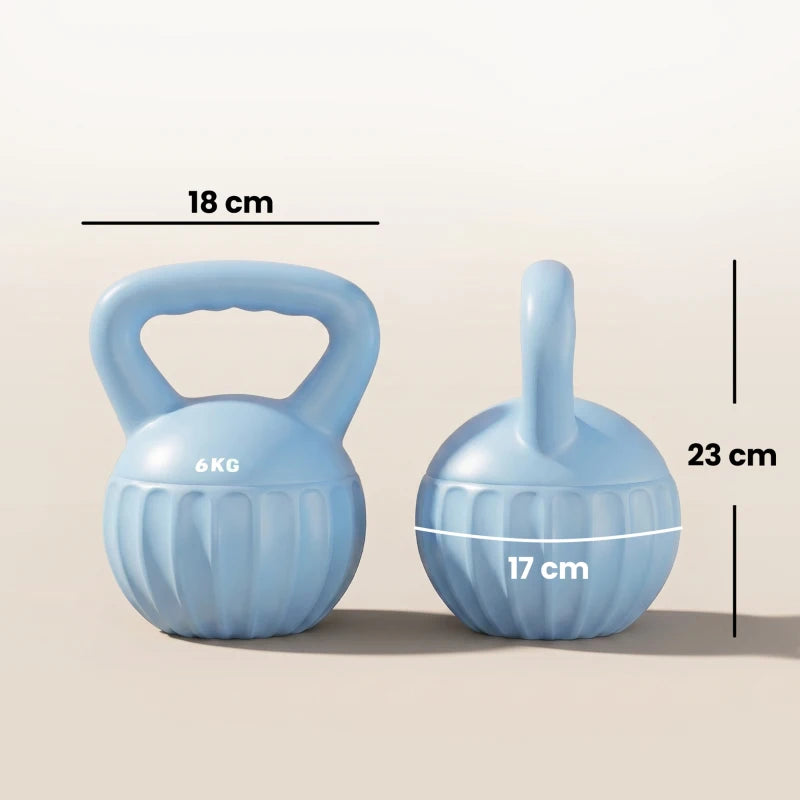 Blue 6 kg kettlebell with 18 cm width and 23 cm height