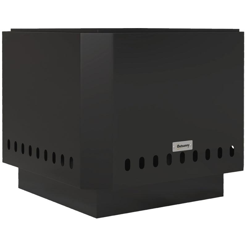 Black square metal fire pit with open top and vent holes along the sides