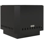 Black square metal fire pit with open top and vent holes along the sides