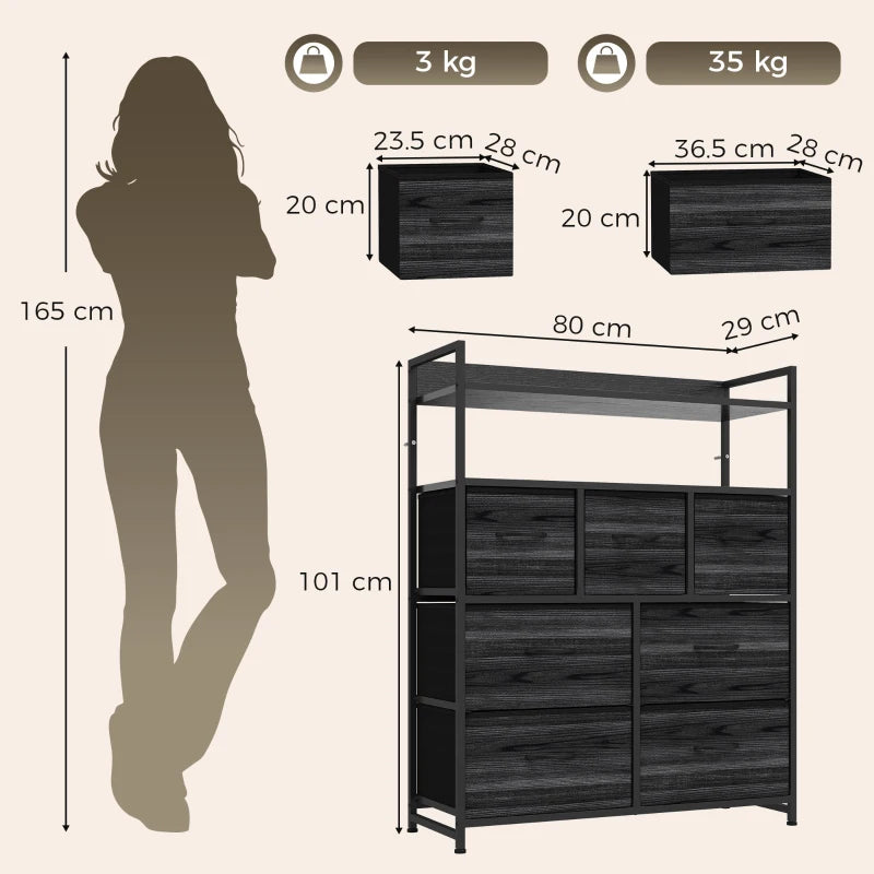 Black wood-effect dresser with open shelves and multiple front drawers, size view