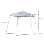 White pop-up party gazebo with size diagram showing slant-leg frame and canopy