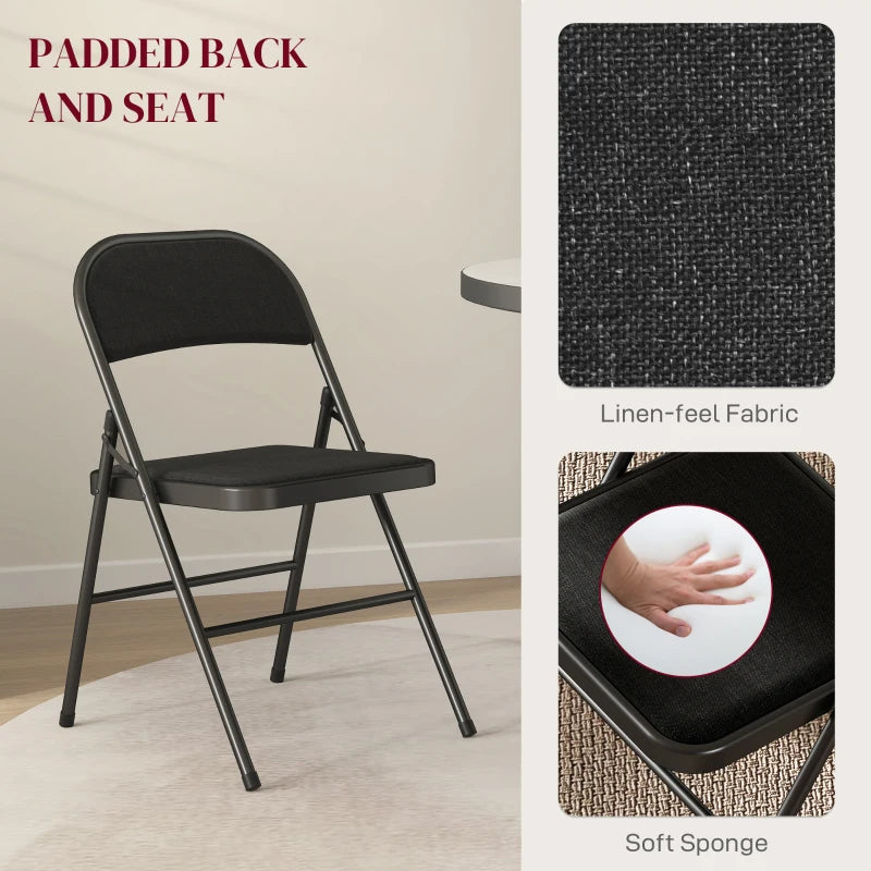 Black folding chair with padded back and seat, linen-look fabric and soft sponge cushion