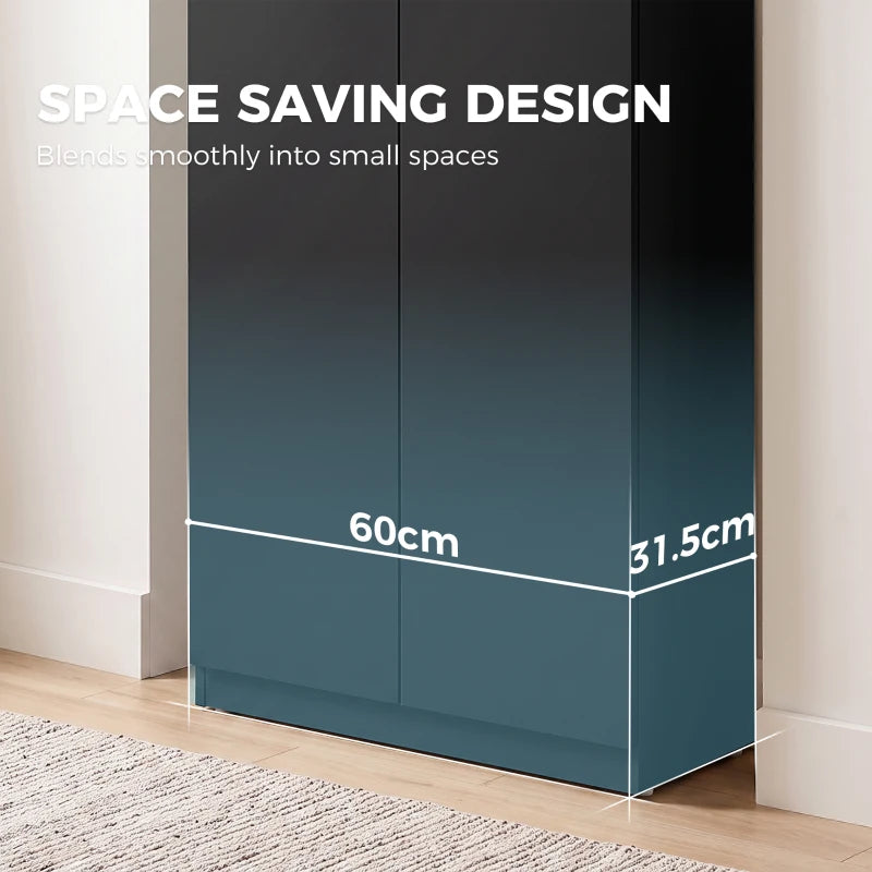 Black tall storage cabinet with double doors standing on a floor