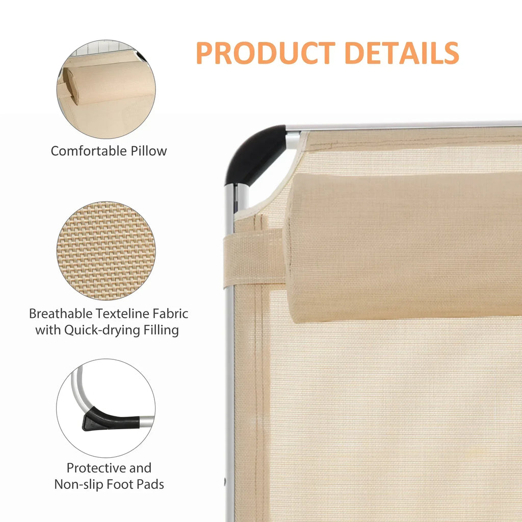 Foldable Outdoor Sun Loungers Set of 2, Reclining Lounge Chair Camping Bed Cot with Pillow 4-Level Adjustable Back Aluminium Frame, Khaki - Bobobiy