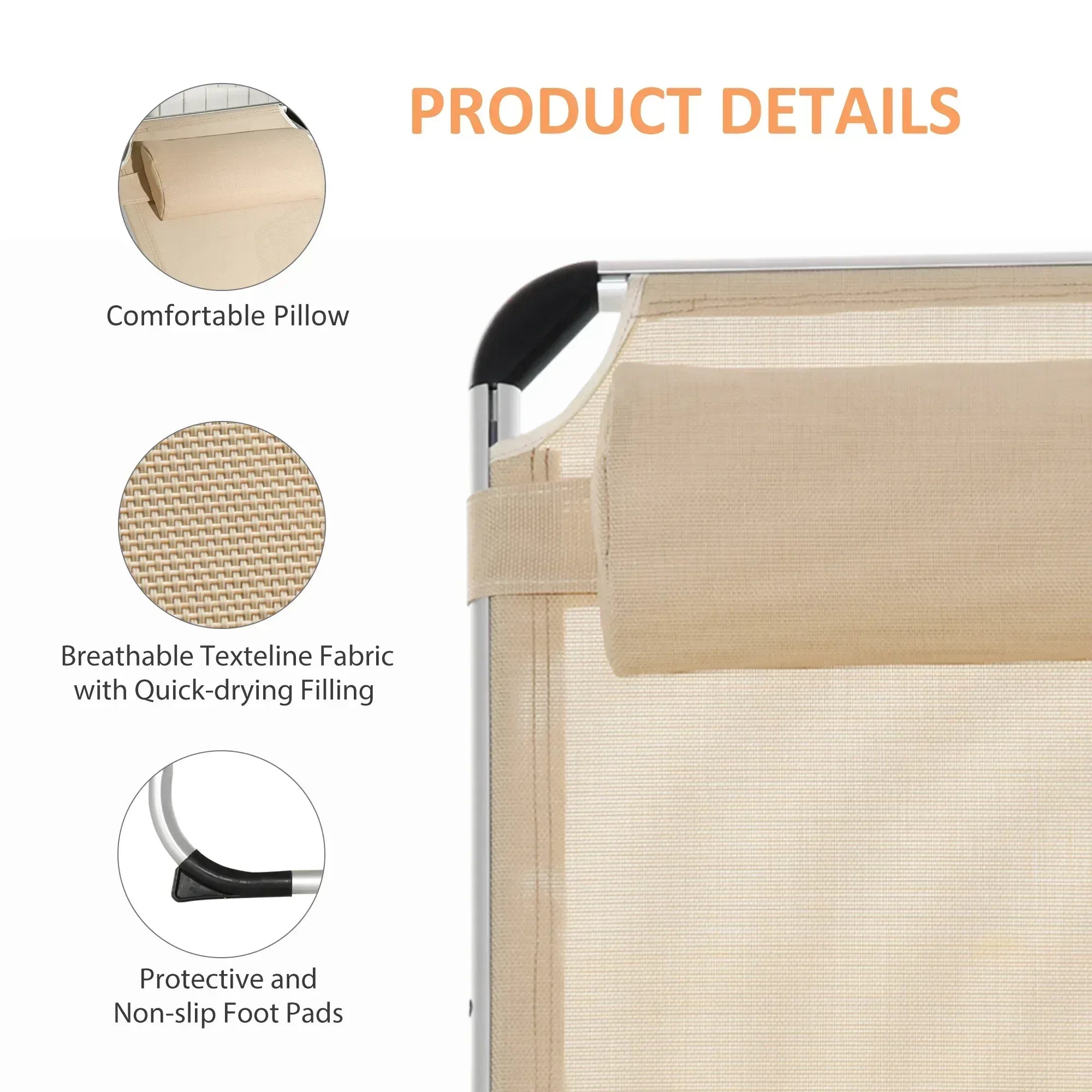 Foldable Outdoor Sun Loungers Set of 2, Reclining Lounge Chair Camping Bed Cot with Pillow 4-Level Adjustable Back Aluminium Frame, Khaki - Bobobiy