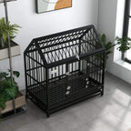 Black dog crate on wheels with open front area and grid metal side panels