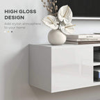 High-gloss white floating cabinet with smooth doors and open media shelf