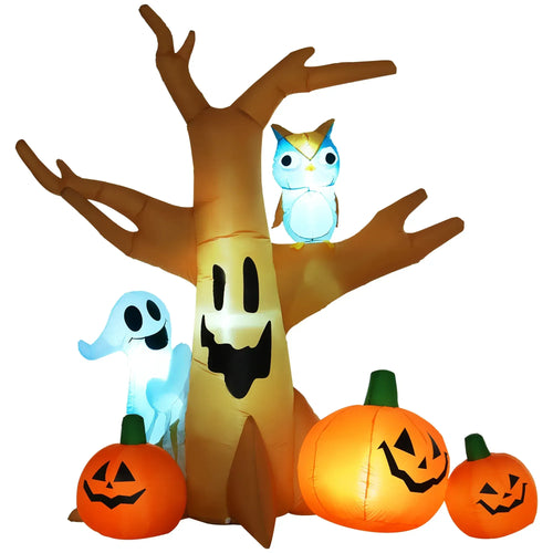 Inflatable Halloween ghost owl tree decoration with LED lights and orange pumpkins