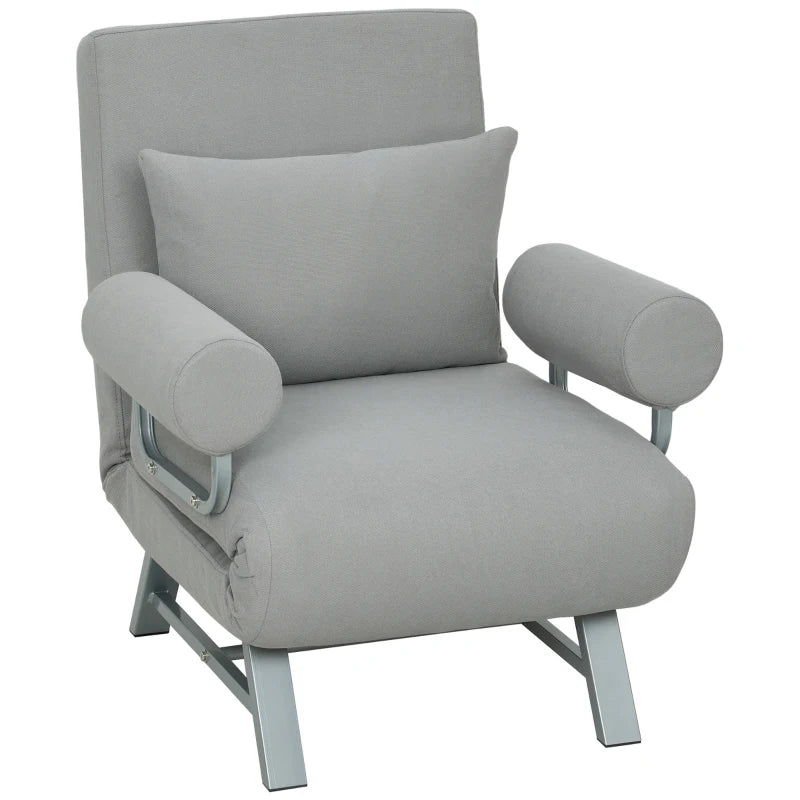 Light grey convertible sofa bed chair with padded backrest and removable armrests