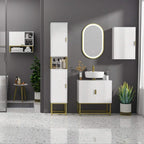 White freestanding bathroom tallboy cabinet with geometric door pattern and gold steel legs